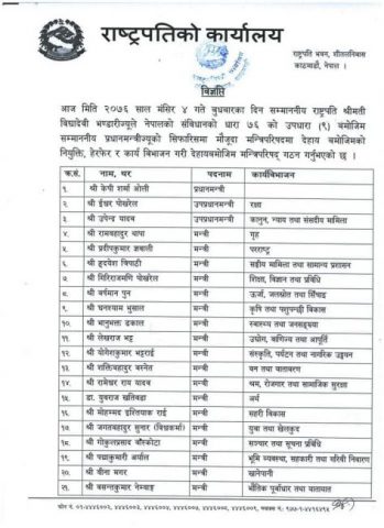 प्रधानमन्त्री ओलीले गरे मन्त्रिमण्डल पुनर्गठन (सूचीसहित)