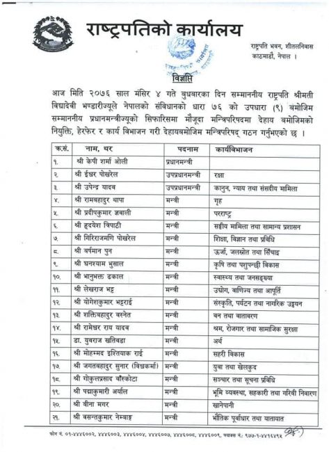 प्रधानमन्त्री ओलीले गरे मन्त्रिमण्डल पुनर्गठन (सूचीसहित)